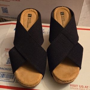 White Mountain Black and Tan Wedges with Comfort Footbed